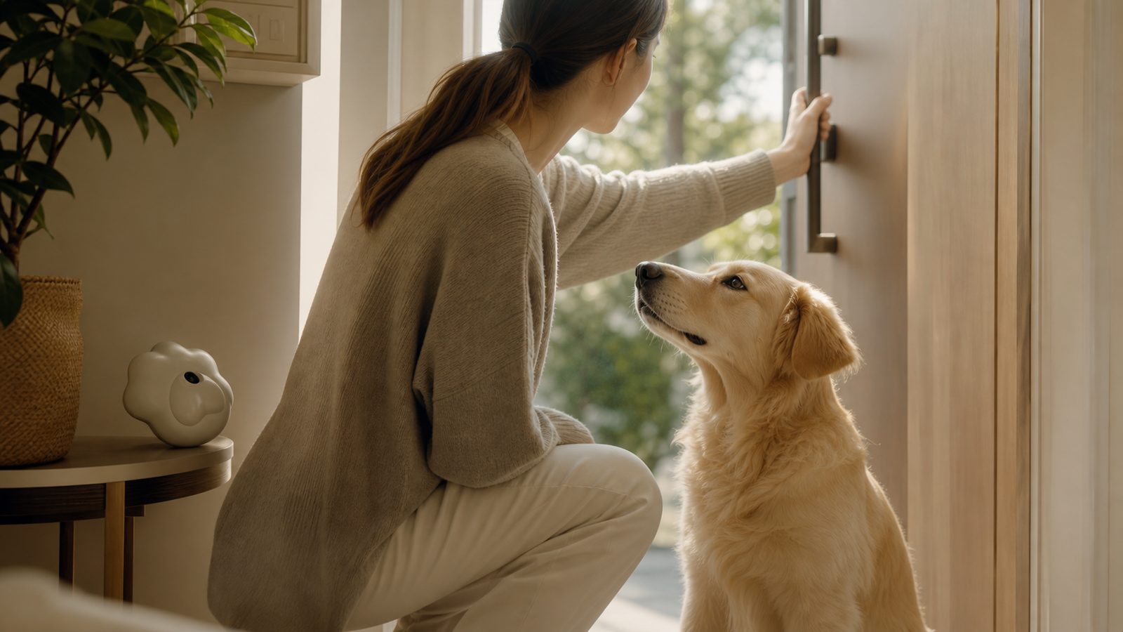 Dog waiting by a warm doorway in an everyday family moment