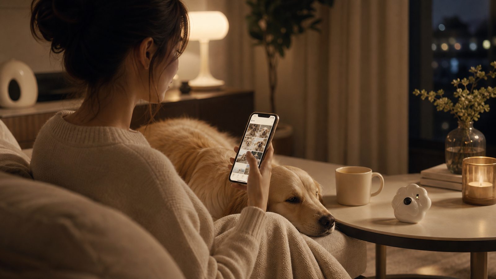Owner reviewing warm pet memories on a phone beside Auren M1