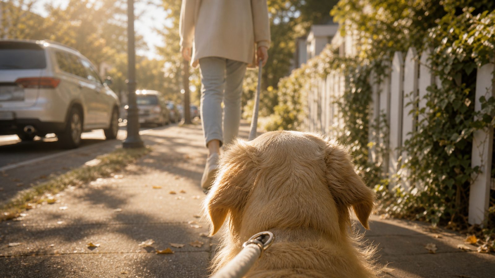 First-person pet view of a morning walk with an Auren collar